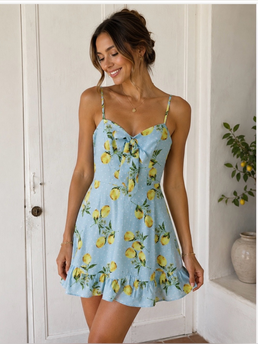 Allegra K Blue Lemon-Print Tie-Front Mini Dress
